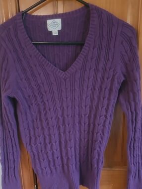 Purple Cable Knit V-Neck Sweater